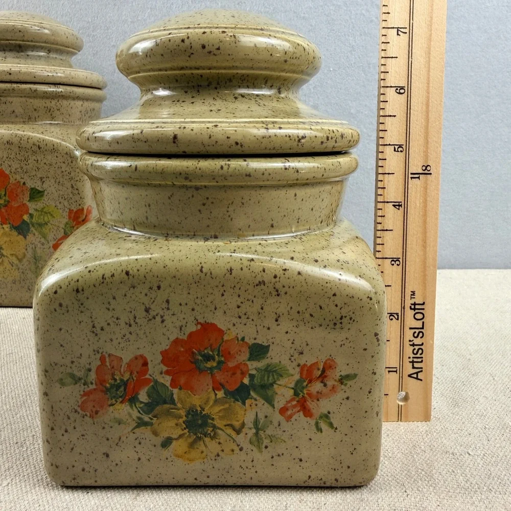 Vintage Clara's Ceramics Floral‎ Canister Set 3 Speckled Stoneware Retro Kitchen